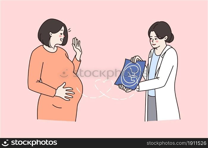 Doctor show ultrasound picture future mother in hospital cabinet. Female nurse or gynecologist demonstrate baby photo to pregnant woman. Pregnancy, fertility, ivf treatment. Vector illustration. . Doctor show baby ultrasound picture to future mom