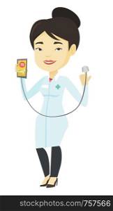 Doctor showing application for checking heart rate pulse. Doctor holding smartphone with application for measuring of heart rate pulse. Vector flat design illustration isolated on white background.. Doctor showing app for measuring heart pulse.