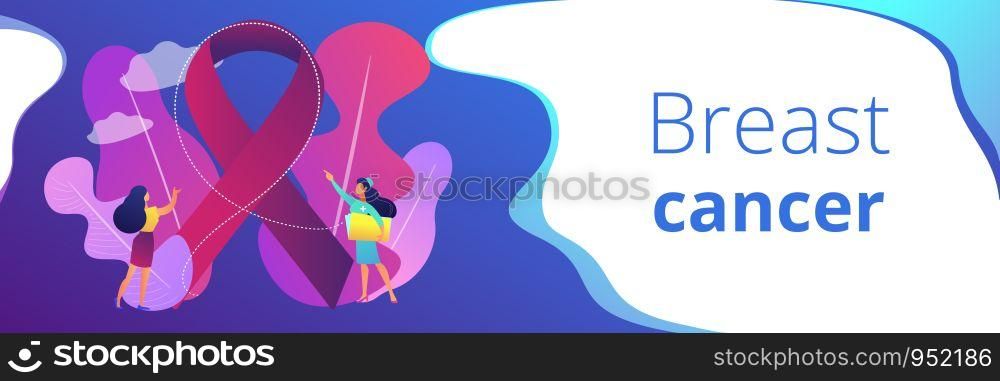 Doctor showing breast cancer awareness ribbon to the female patient. Breast cancer, women oncology factor, breast cancer prevention concept. Header or footer banner template with copy space.. Breast cancer concept banner header.
