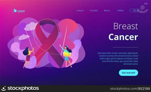 Doctor showing breast cancer awareness ribbon to the female patient. Breast cancer, women oncology factor, breast cancer prevention concept. Website vibrant violet landing web page template.. Breast cancer concept landing page.