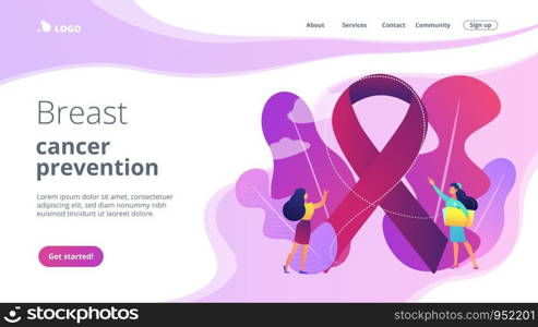 Doctor showing breast cancer awareness ribbon to the female patient. Breast cancer, women oncology factor, breast cancer prevention concept. Website vibrant violet landing web page template.. Breast cancer concept landing page.