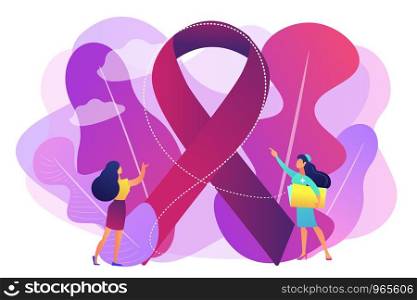 Doctor showing breast cancer awareness ribbon to the female patient. Breast cancer, women oncology factor, breast cancer prevention concept. Bright vibrant violet vector isolated illustration. Breast cancer concept vector illustration.
