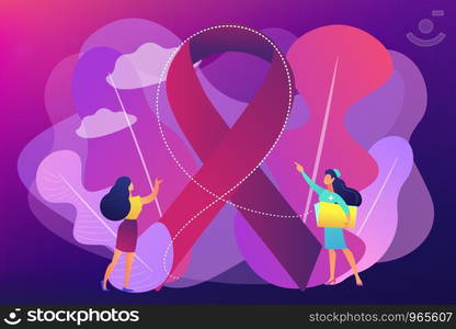 Doctor showing breast cancer awareness ribbon to the female patient. Breast cancer, women oncology factor, breast cancer prevention concept. Bright vibrant violet vector isolated illustration. Breast cancer concept vector illustration.