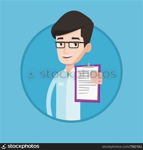 Doctor showing clipboard with prescription. Doctor in medical gown holding clipboard. Caucasian doctor showing patient records. Vector flat design illustration in the circle isolated on background.. Doctor with clipboard vector illustration.