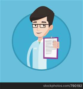 Doctor showing clipboard with prescription. Doctor in medical gown holding clipboard. Caucasian doctor showing patient records. Vector flat design illustration in the circle isolated on background.. Doctor with clipboard vector illustration.
