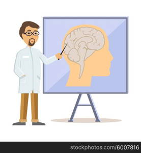 Doctor showing human brain flat design. Human head, human anatomy, medicine care, medical health human, hospital and professional specialist illustration
