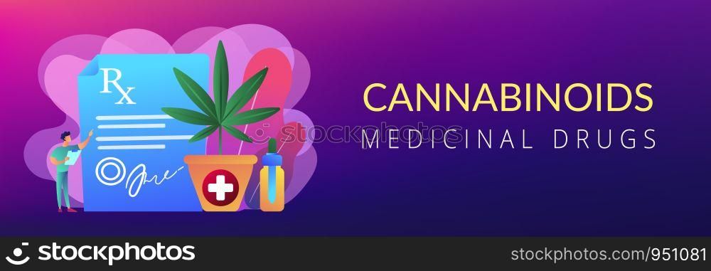Doctor showing prescription for medical marijuana, bottle with cbd oil. Medical marijuana, medical cannabis, cannabinoids medicinal drugs concepts. Header or footer banner template with copy space.. Medical marijuana concept banner header.