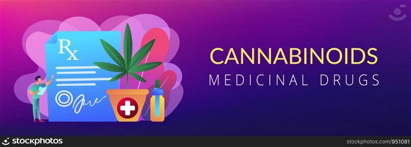 Doctor showing prescription for medical marijuana, bottle with cbd oil. Medical marijuana, medical cannabis, cannabinoids medicinal drugs concepts. Header or footer banner template with copy space.. Medical marijuana concept banner header.