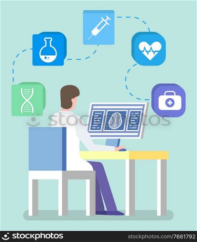 Doctor sit in his cabinet in hospital and examine patients remotely. Appointment for consultation through computer. Medical web application on device. Vector illustration of online medicine in flat. Doctor Consult People Through Computer, Online