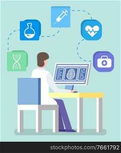 Doctor sit in his cabinet in hospital and examine patients remotely. Appointment for consultation through computer. Medical web application on device. Vector illustration of online medicine in flat. Doctor Consult People Through Computer, Online