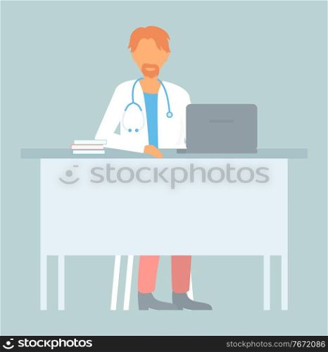 Doctor sitting at table with stethoscope, laptop and books at table. Smiling portrait of physician or therapist. Bearded man wearing medical gown with medical equipment. Isolated character flat style. Doctor sitting at table with stethoscope, laptop and books at table, smiling portrait of physician