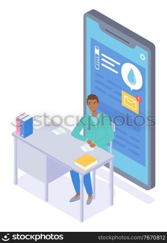 Doctor sitting at table, write symptoms of disease, making notes, writting medical thesis, checking results of lab research. Isometric illustration of mobile with medical app, income message at screen. Smartphone with medical app, incoming message at display, patient write symptoms of disease