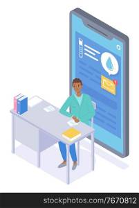 Doctor sitting at table, write symptoms of disease, making notes, writting medical thesis, checking results of lab research. Isometric illustration of mobile with medical app, income message at screen. Smartphone with medical app, incoming message at display, patient write symptoms of disease