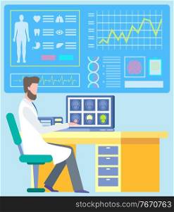 Doctor sitting on workplace and researching diagnostic report patient, ct scan. Monitor with cardiogram and organs icon, laboratory occupation, mri vector. Health Diagnostic, CT or MRI, Medical Care Vector