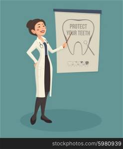 Doctor Speaker Illustration . Woman doctor speaker with dental poster and pointer cartoon vector illustration