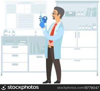 Doctor stands in hospital office holding syringe in hand. Ambulance doctor. Flu shot vaccination. Injection syringe. Medicine healthcare concept. Patients treatment immunization pharmaceutical product. Doctor stands in hospital office holding syringe in hand. Ambulance doctor. Flu shot vaccination