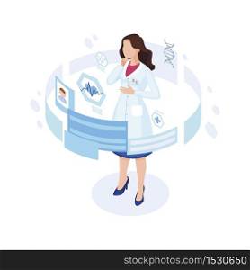Doctor studying patient profile isometric illustration. Futuristic working place with augmented reality options. Cartoon physician, cardiologist in white coat analysing client heart rate online