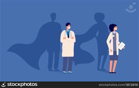 Doctor superhero. Medical strength heroes, people wear protective mask. Medicine power, woman man and strong shadows in capes vector. Illustration superhero doctor, medical hero with stethoscope. Doctor superhero. Medical strength heroes, people wear protective mask. Medicine power, woman man and strong shadows in capes vector concept