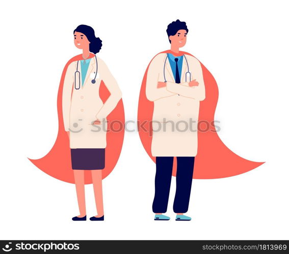 Doctor superhero. Medical team, doctors wear red super hero cape. Hospital worker, nurse emergency staff. Medicine protection life in virus pandemic, healthcare vector illustration. Superhero pandemic. Doctor superhero. Medical team, doctors wear red super hero cape. Hospital worker, nurse emergency staff. Medicine protection, healthcare vector illustration