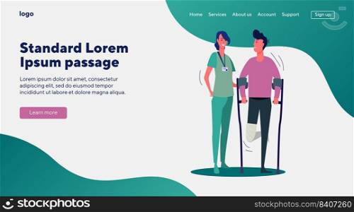 Doctor supporting patient with broken leg. Injured man, trauma, plaster cast flat vector illustration. First aid, trauma, medical help concept for banner, website design or landing web page