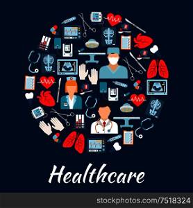 Doctor, surgeon and nurse, hearts, lungs, operation tables with lamps, stethoscopes, thermometers, medicines, surgery instruments, test tubes, tooth implants, x-ray, ecg, blood pressure ultrasound monitors icons in a circle shape. Healthcare and surgery icons in a circle shape