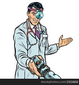 doctor surgeon handshake. robot prosthesis. Pop art retro vector illustration kitsch vintage. doctor surgeon handshake. robot prosthesis