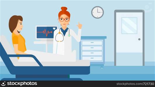Doctor taking care of patient in the hospital ward with heart rate monitor vector flat design illustration. Horizontal layout.. Doctor visiting patient.