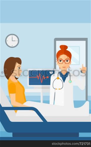 Doctor taking care of patient in the hospital ward with heart rate monitor vector flat design illustration. Vertical layout.. Doctor visiting patient.