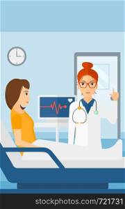 Doctor taking care of patient in the hospital ward with heart rate monitor vector flat design illustration. Vertical layout.. Doctor visiting patient.