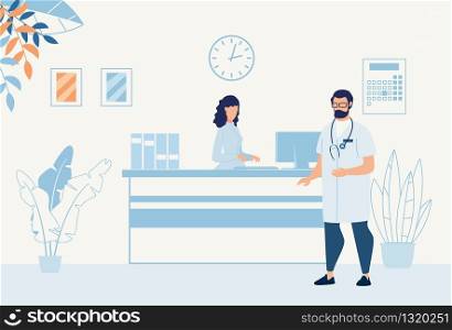 Doctor Talking to Nurse at Reception Desk Cartoon. Woman Working on Computer. Male Specialist in Uniform with Stethoscope Wearing Eyeglasses Waiting for Patient. Vector Flat Illustration. Doctor Talking to Nurse at Reception Desk Cartoon
