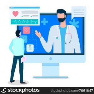 Doctor talking to patient via internet, consultation online. Patient and therapist doc discussing methods of treatment. Modern technologies in clinic or hospital. Healthcare medical services vector. Online Consultation with Doc via Internet Vector