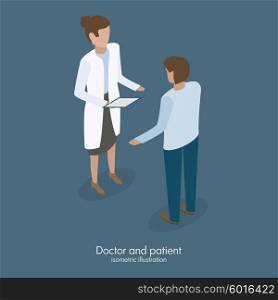 doctor talking with patient. Female doctor talking with male patient isometric medical design vector illustration