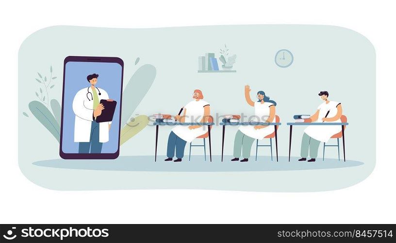 Doctor teaching students through huge phone. Characters at online lecture in classroom flat vector illustration. Online education, medicine concept for banner, website design or landing web page