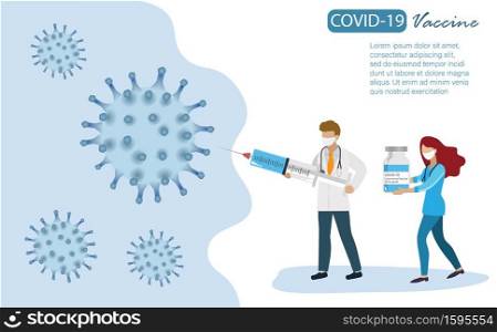 Doctor team holding covid-19 vaccine syringe and vaccine vial fighting with coronavirus. Idea for medical team effort and world hope for COVID-19 vaccine to save mankind lives.