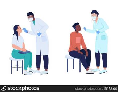 Doctor testing patient for virus semi flat color vector character set. Full body people on white. Health isolated modern cartoon style illustration for graphic design and animation collection pack. Doctor testing patient for virus semi flat color vector character set