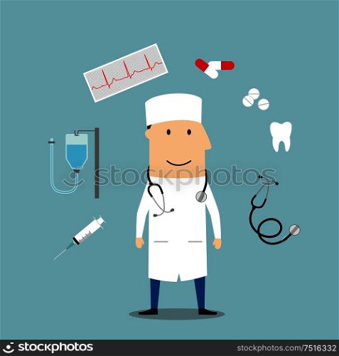 Doctor therapist and medical icons with drugs and pills, syringe and tooth, blood transfusion and stethoscope. Doctor therapist and medical icons