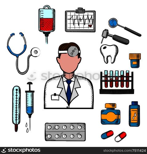 Doctor therapist in flat style with medical icons as tubes, flasks, drugs and pills, syringe, dentistry, blood transfusion, ultrasound stethoscope. Doctor therapist with medical icons