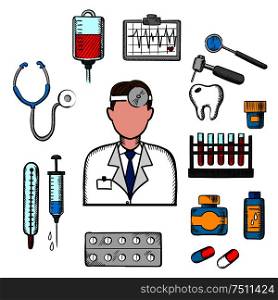 Doctor therapist in flat style with medical icons as tubes, flasks, drugs and pills, syringe, dentistry, blood transfusion, ultrasound stethoscope. Doctor therapist with medical icons