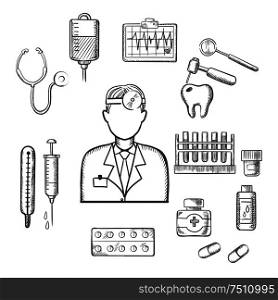Doctor therapist in sketch style with medical icons as tubes, flasks, drugs and pills, syringe, dentistry, blood transfusion, ultrasound stethoscope. For healthcare and medicine design usage. Doctor therapist with medical sketch icons