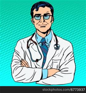 Doctor therapist medicine and health. Profession white coat stethoscope pop art retro style. Doctor therapist medicine and health