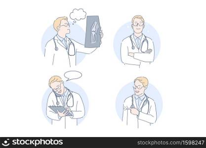 Doctor, therapist, medicine set concept. Man doctor looks at results of examination talking on mobile phone. Young boy therapist makes offer. Intern is thinking of xray results. Simple flat vector. Doctor, therapist, medicine set concept