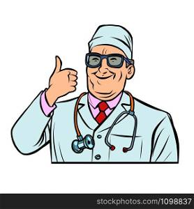 doctor therapist, thumb up gesture. Comic cartoon pop art retro vector drawing illustration. doctor, thumb up gesture