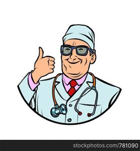 doctor therapist, thumb up gesture. Comic cartoon pop art retro vector drawing illustration. doctor, thumb up gesture