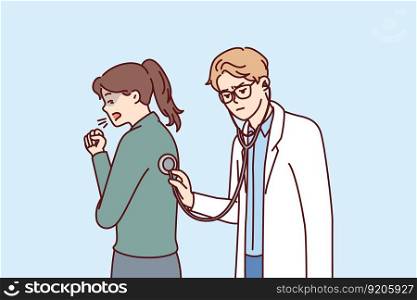 Doctor uses stethoscope examining coughing patient and auscultating woman suffering from flu or pandemic. Hospital doctor examines girl with diseased bronchi or tuberculosis disease. Doctor uses stethoscope examining coughing patient and auscultating woman suffering from flu 