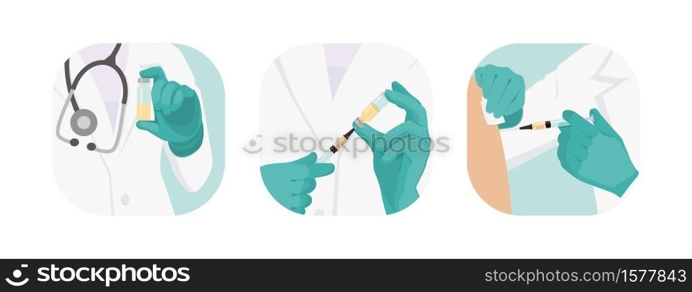 Doctor vaccinating patient. Filling the syringe. Vector illustration. For medical publications, immunization and vaccination, infection and bacterial diseases, campaign of people against illness.. Doctor vaccinating patient. Filling the syringe. Vector illustration