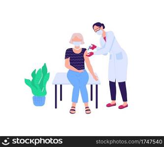 Doctor vaccinating woman flat color vector faceless characters. Drug injection. Therapist with patient. Vaccination isolated cartoon illustration for web graphic design and animation. Doctor vaccinating woman flat color vector faceless characters