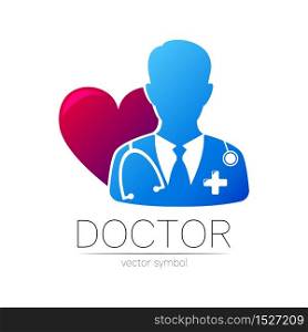 Doctor vector logotype in blue and violet color. Silhouette medical surgeon cardiologist man. Logo for clinic, hospital, cardiology, medicine and business. Concept isolated on white. Template for web.. Doctor vector logotype in blue and violet color. Silhouette medical surgeon cardiologist man. Logo for clinic, hospital, cardiology, medicine and business. Concept isolated on white. Template for web