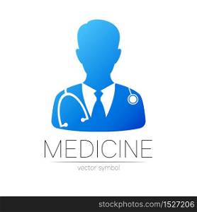 Doctor vector logotype in blue color. Silhouette medical man. Logo for clinic, hospital, health, medicine and business. Concept isolated on white background. Template for web, identity modern style. Doctor vector logotype in blue color. Silhouette medical man. Logo for clinic, hospital, health, medicine and business. Concept isolated on white background. Template for web, identity modern style.