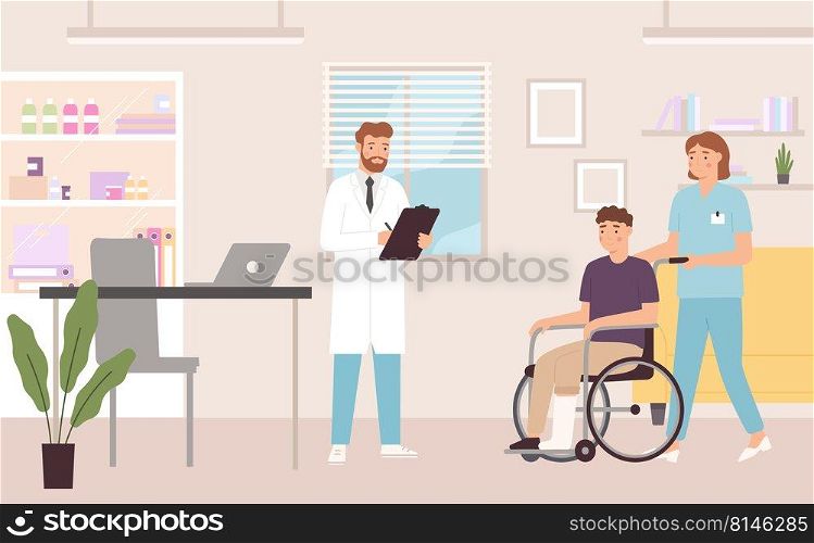 Doctor visit. Man on wheelchair having appointment with medical worker. Cartoon character with broken leg arriving to consultation in hospital. Nurse helping young guy with injury vector. Doctor visit. Man on wheelchair having appointment with medical worker. Cartoon character with broken leg