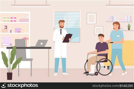 Doctor visit. Man on wheelchair having appointment with medical worker. Cartoon character with broken leg arriving to consultation in hospital. Nurse helping young guy with injury vector. Doctor visit. Man on wheelchair having appointment with medical worker. Cartoon character with broken leg